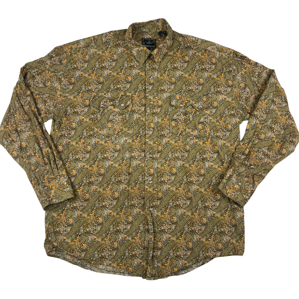 Roper Shirt Mens Large Green Paisley Western Pearl Snap Button Down Vintage